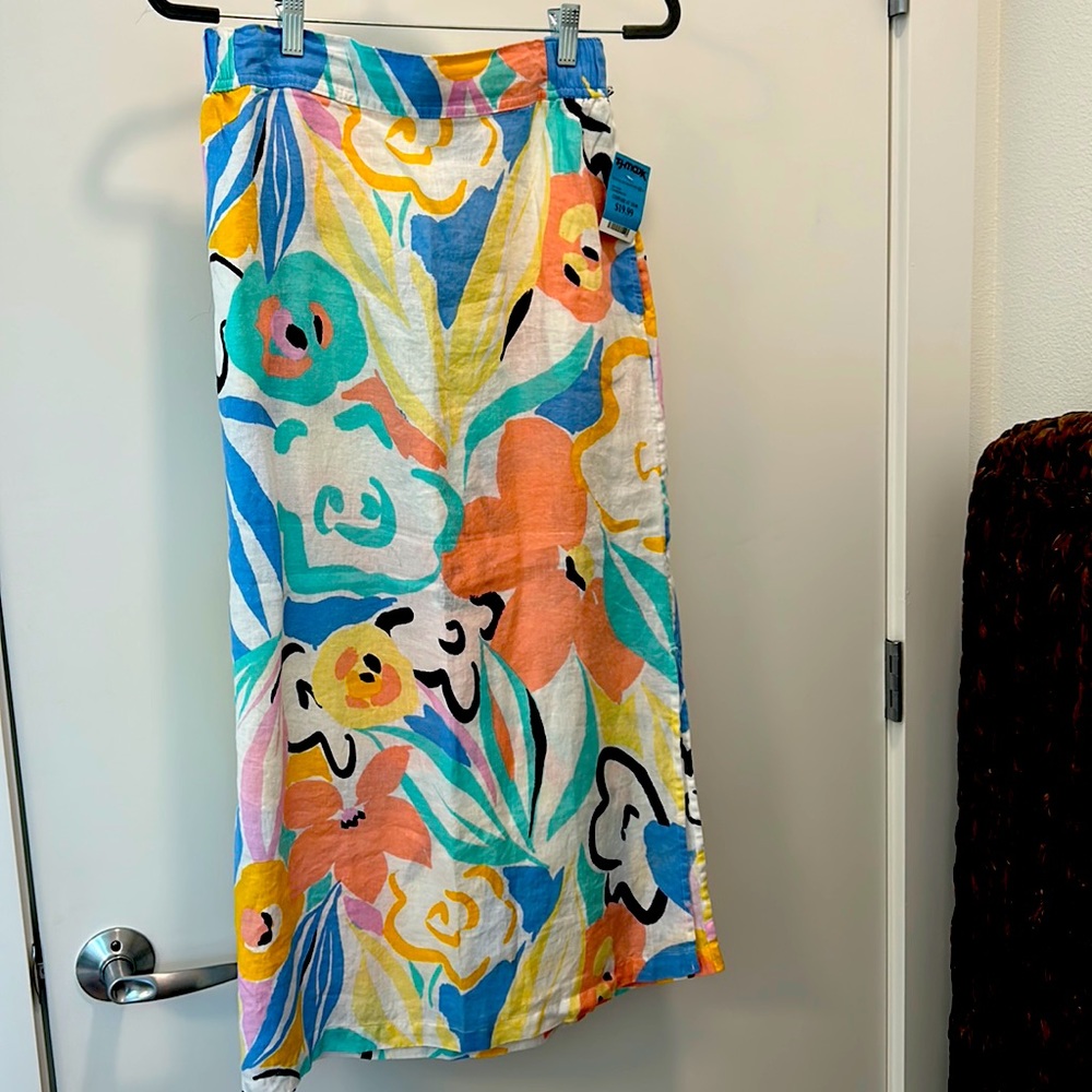 Bright multicolored lightweight linen skirt and top, tags on skirt